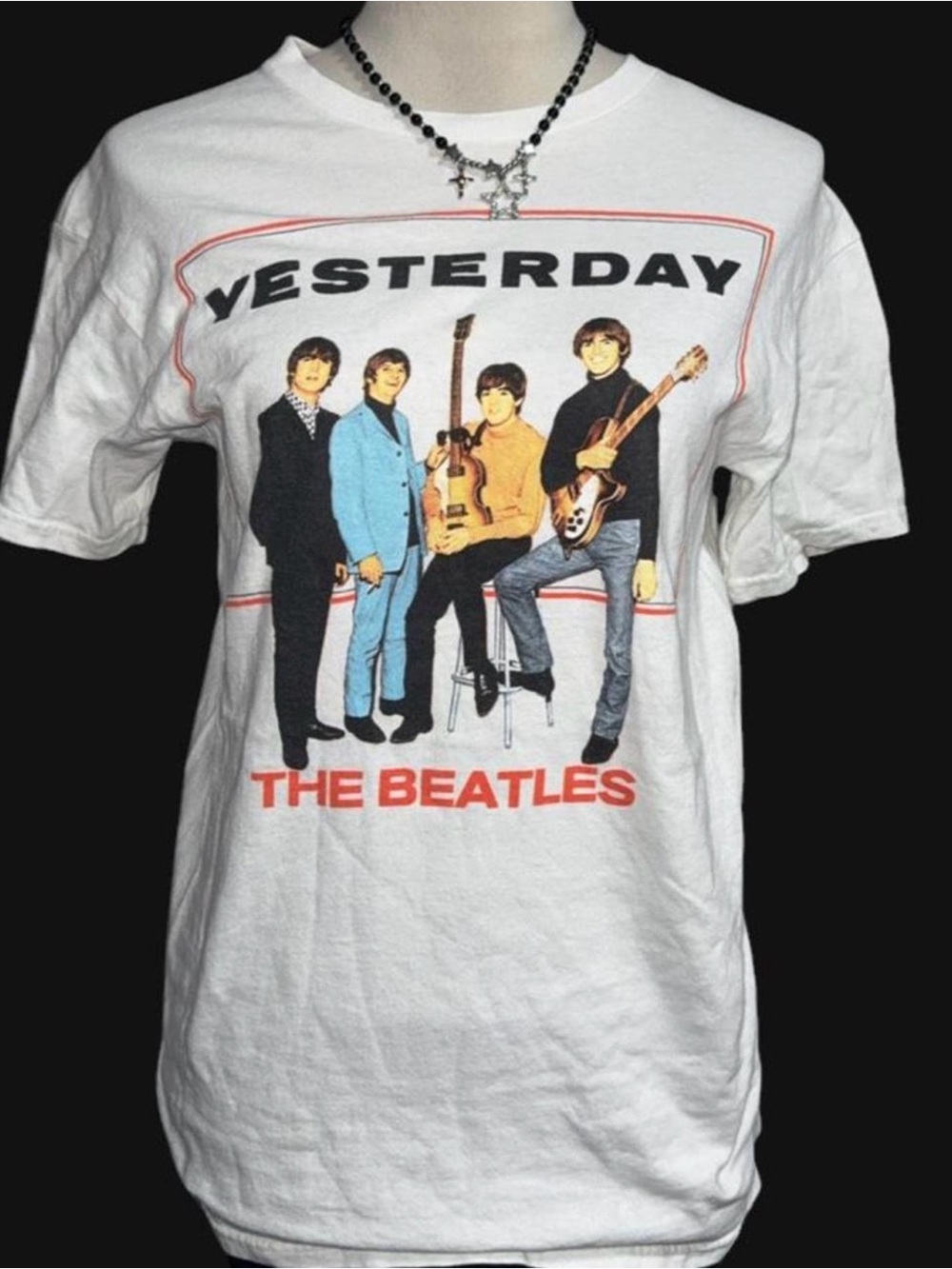 The Beatles White 'Yesterday' Graphic Tee with Multicolor Band Art